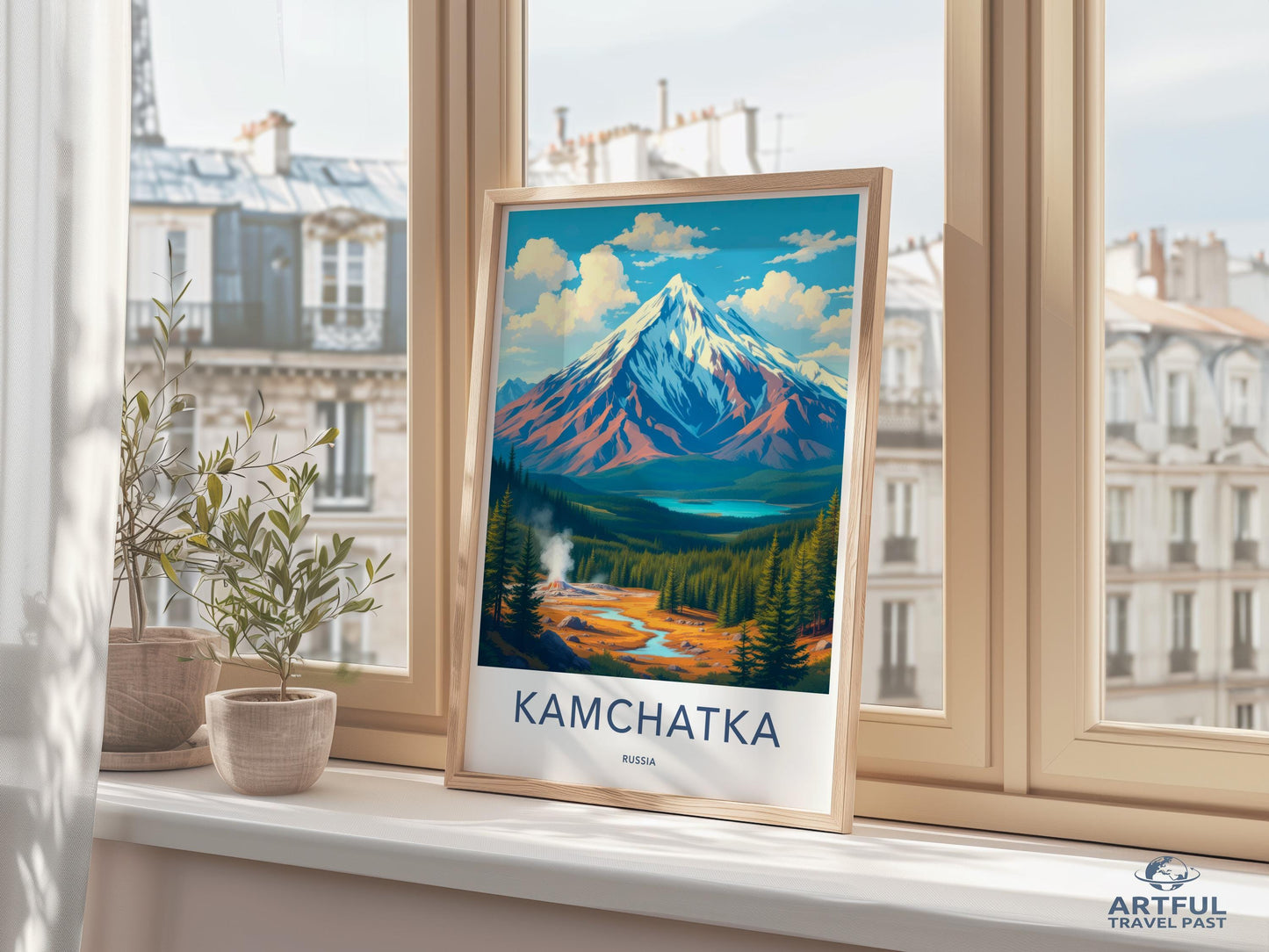Kamchatka travel poster, mountain landscape wall art, vintage style decor, scenic artwork print, nature illustration