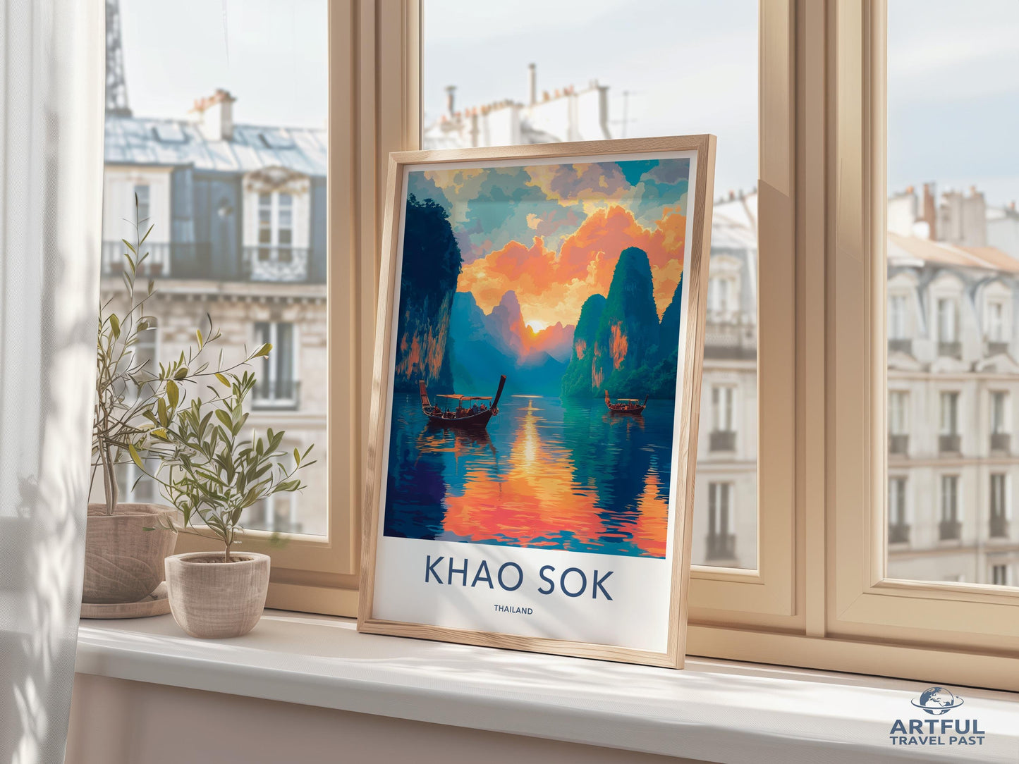 Khao Sok Thailand Travel Poster, Scenic Landscape Wall Art, Nature Print, Colorful Decor for Home, Sunset River View, Boat Illustration