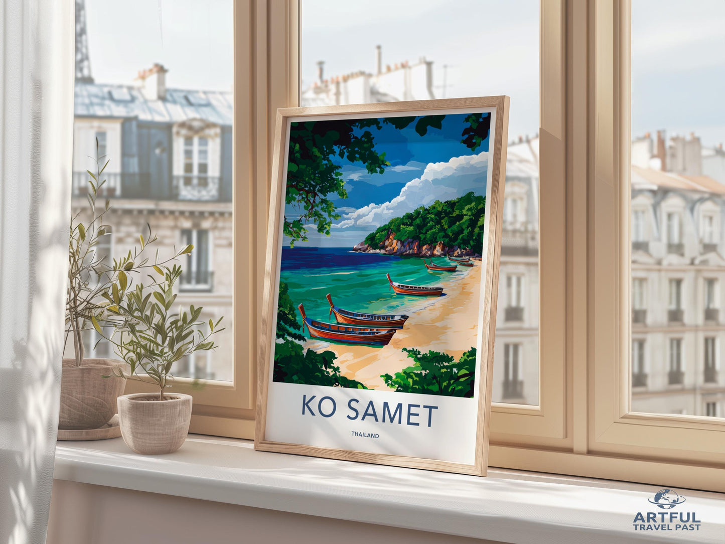 Beach landscape wall art, Ko Samet travel poster, Exotic island decor, Coastal scenery print, Tropical beach painting