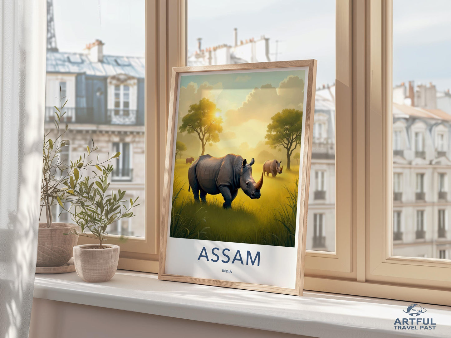 Rhinoceros Art Print, Assam India Travel Poster, Digital Wall Art, Wildlife Decor, Nature Illustration, Framed Poster
