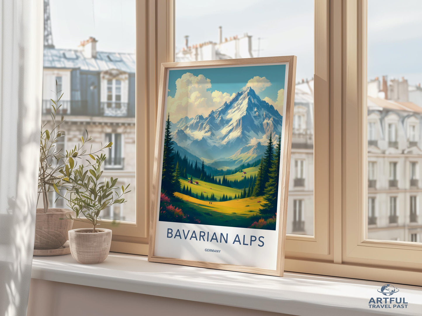 Bavarian Alps travel poster, vintage mountain landscape art print, European vacation wall decor, Germany scenic print, home office