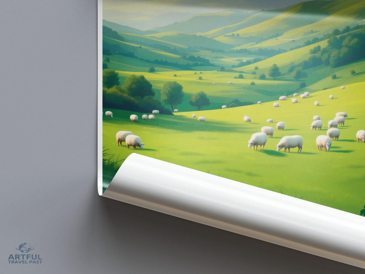 Rolling Hills Countryside Poster, Sheep Pasture Landscape Print, Serene Rural Wall Art, Peaceful Pasture Artwork, Scenic Farm Decor
