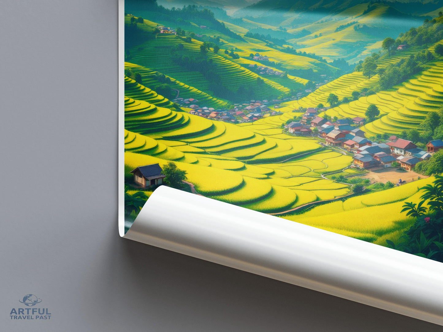 Stunning landscape wall art, scenic nature poster, lush green fields print, vibrant countryside decor, serene village view
