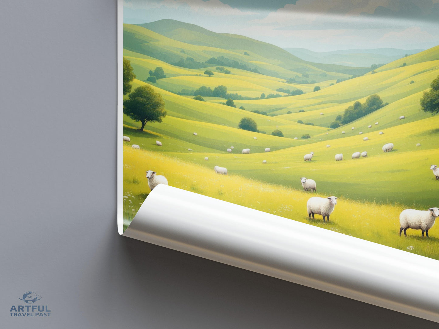 Scenic Countryside Poster, Rolling Hills and Sheep Canvas Art, Pastoral Landscape Wall Decor, Green Fields Art Print