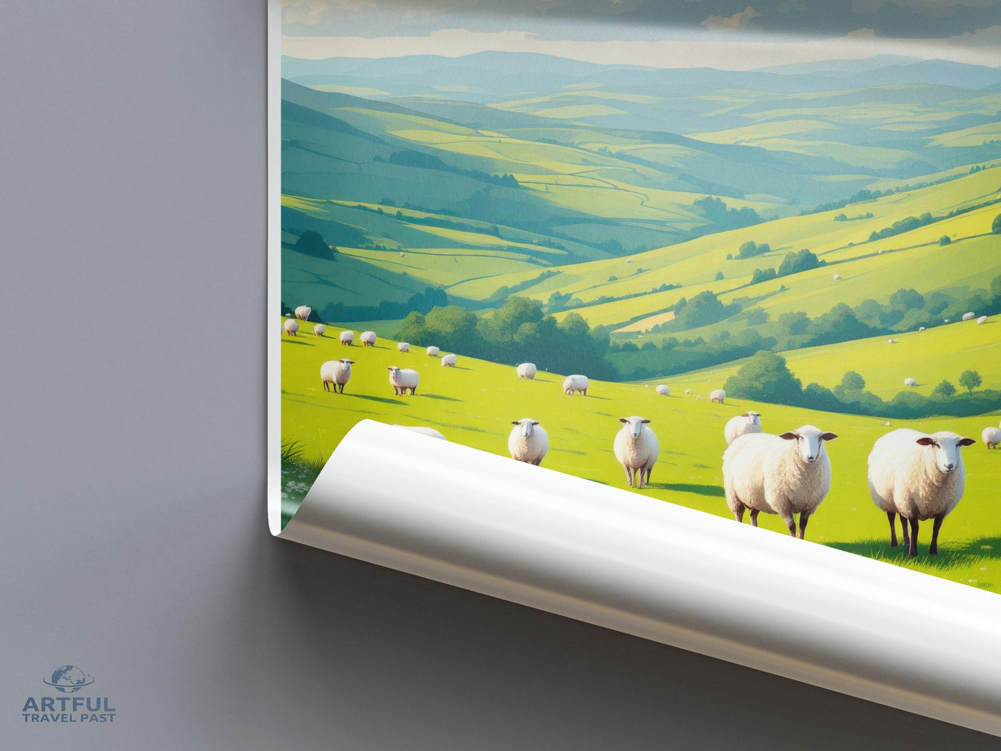 Modern farmhouse wall art, Sheep pasture print, Green landscape decor, Pastoral themed artwork, Contemporary rural poster