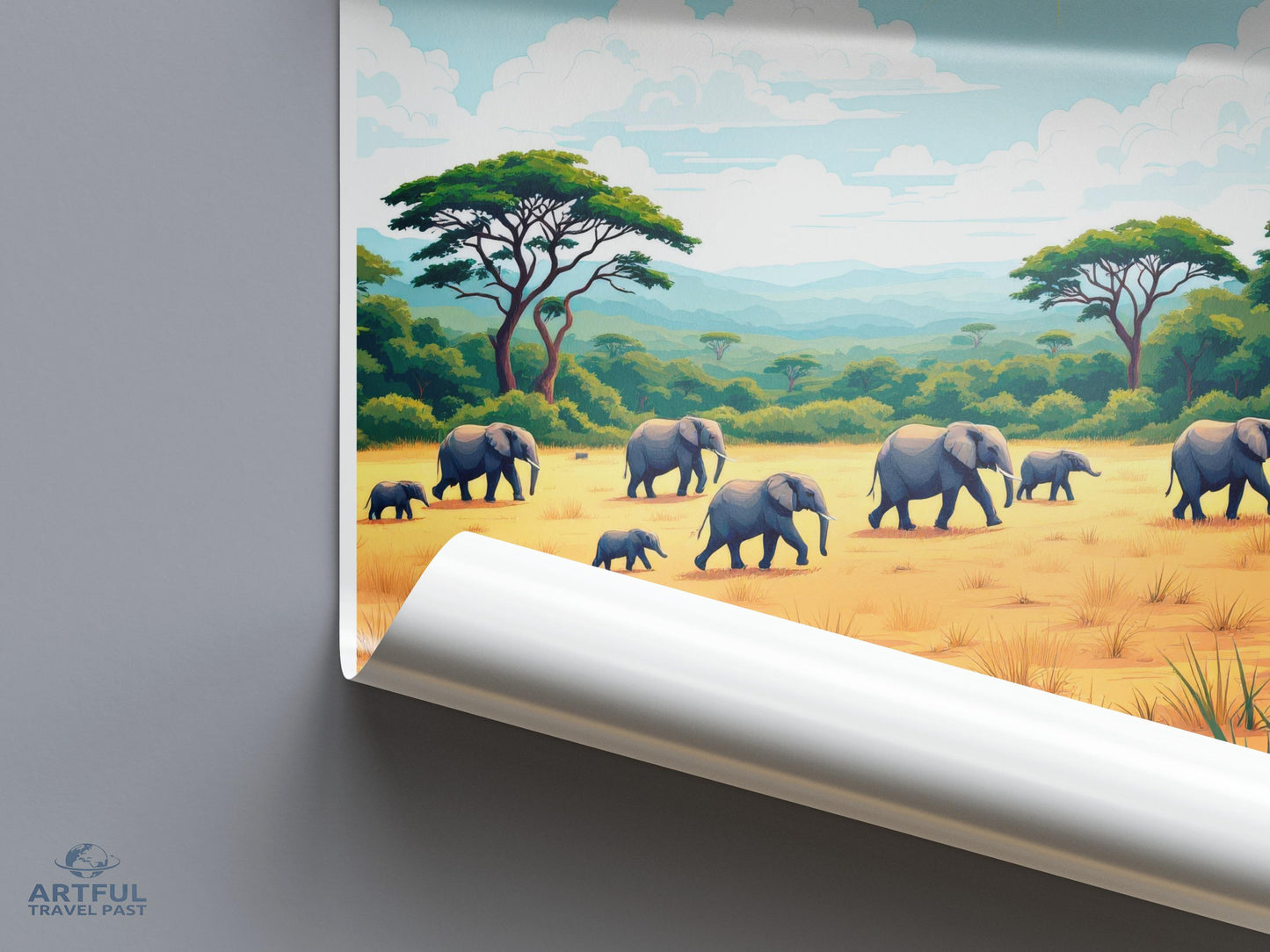 Elephant Safari Wall Art, African Wildlife Print, Nature Decor, Animal Poster, Colorful Landscape Illustration, Gift for Nature Lovers