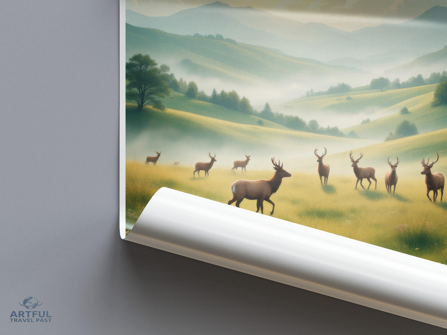 Deer Landscape Art Print, Nature Wall Decor, Scenic Wildlife Poster, Outdoor Wilderness Artwork, Rolling Hills Artwork