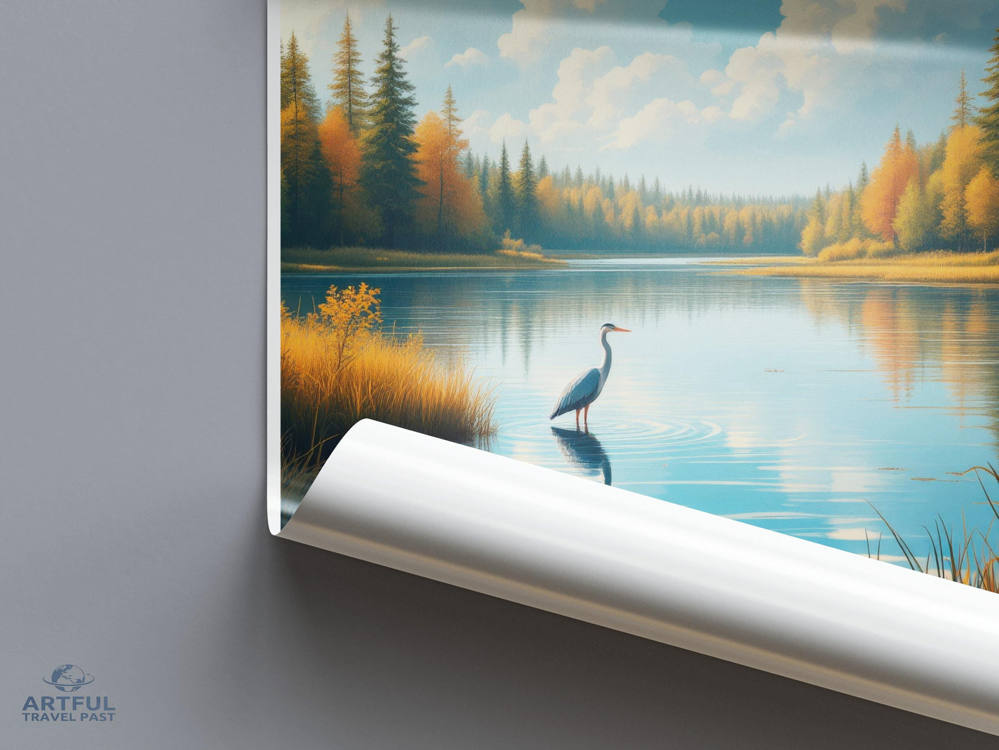 Scenic Forest Lake Wall Art, Serene Nature Landscape Print, Tranquil Blue Waters and Birds, Peaceful View, Home Decor Poster
