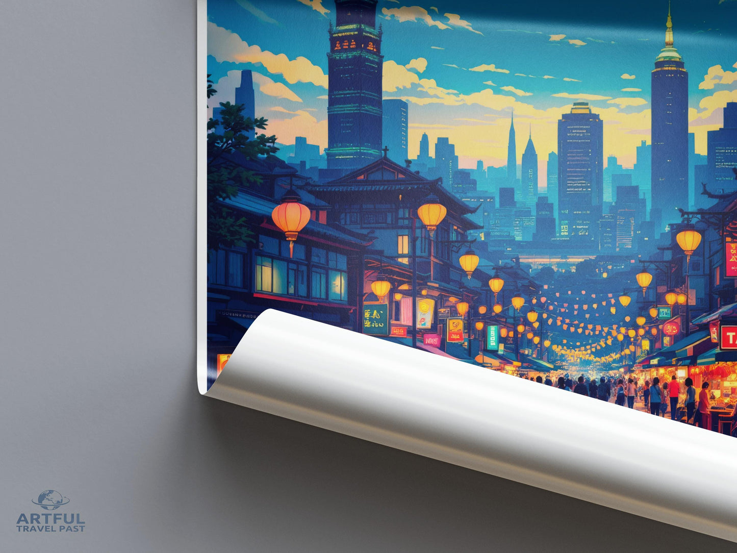 Cityscape Lantern Festival Poster, Night City Street Art Print, Urban Landscape Wall Decor, Skyline Illustration, Modern Home Decor