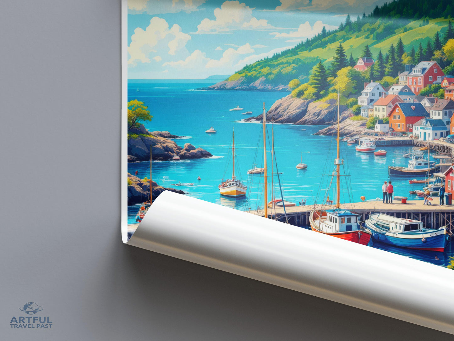 Coastal Wall Art, Nautical Scenic Poster, Seaside Canvas Print, Harbor Scene Artwork, Ocean View Decoration, Beach Town Painting