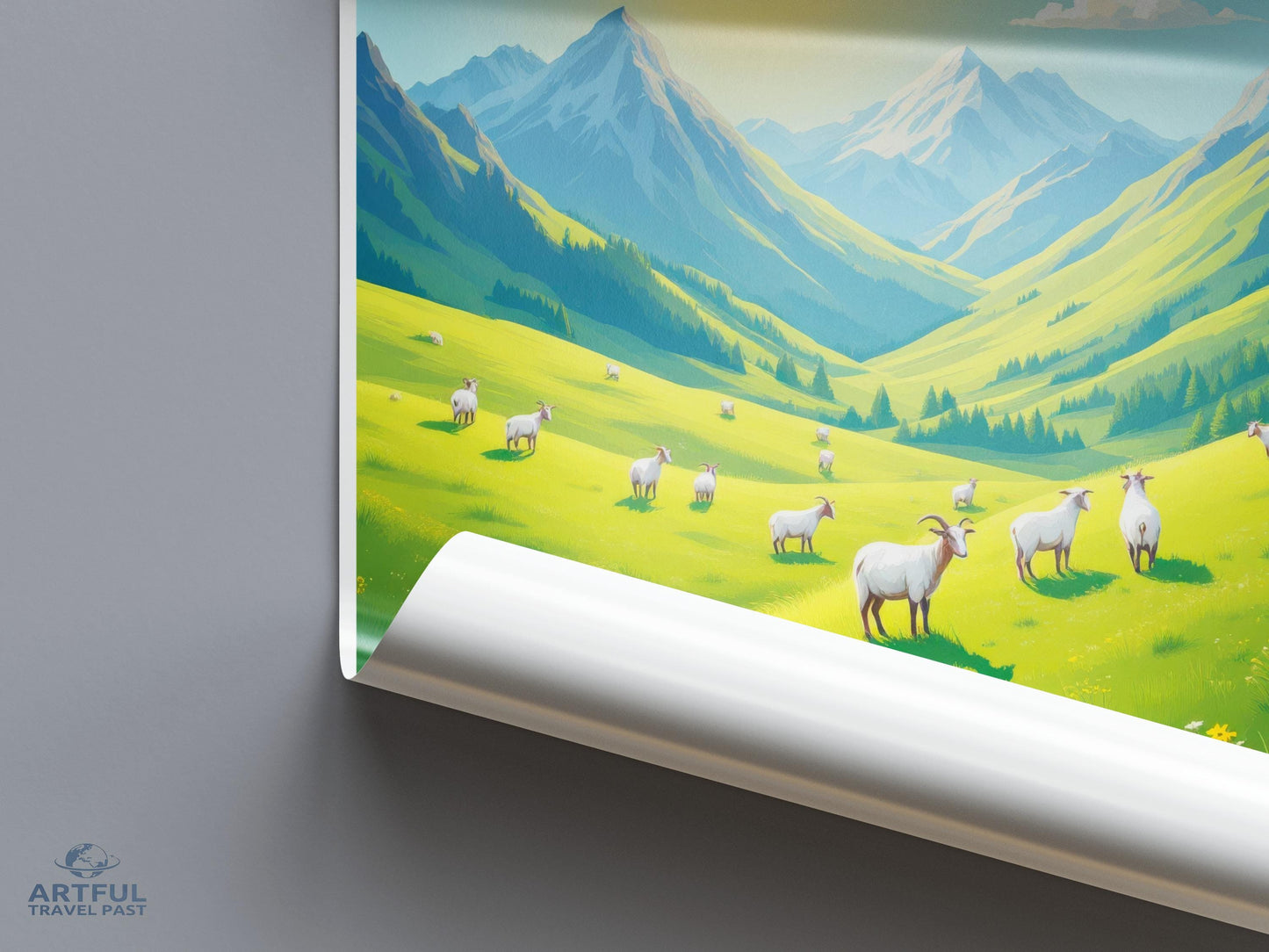 Scenic mountain landscape with grazing goats print, nature art poster, vibrant countryside wall decor, pastoral scenery artwork