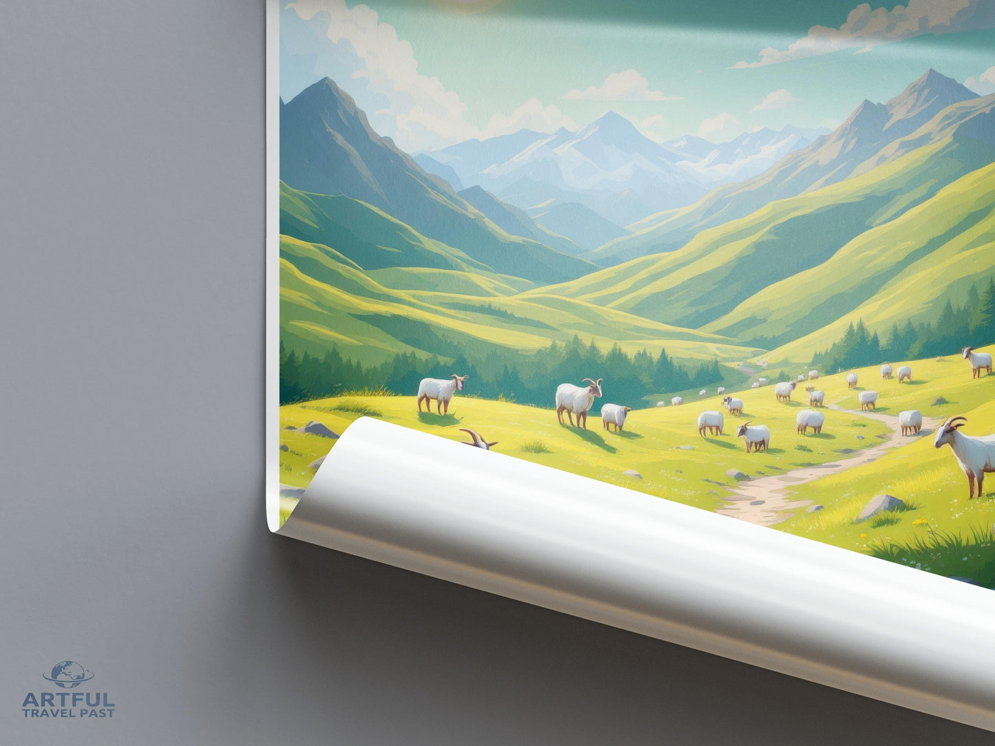 Mountain Landscape Poster, Green Hills Wall Art, Scenic Countryside Print, Sheep Grazing, Pastoral Scene Decor, Nature Illustration