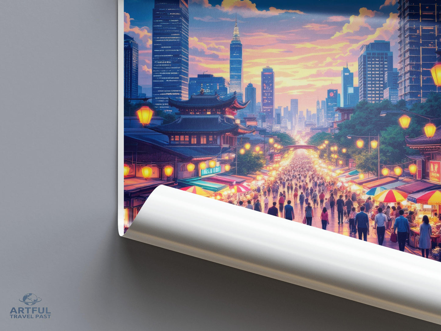 Cityscape Sunset Wall Art, Urban Night Scene Print, High Rise Skyline Poster, Vibrant Nightlife Decor, Downtown Lights Artwork