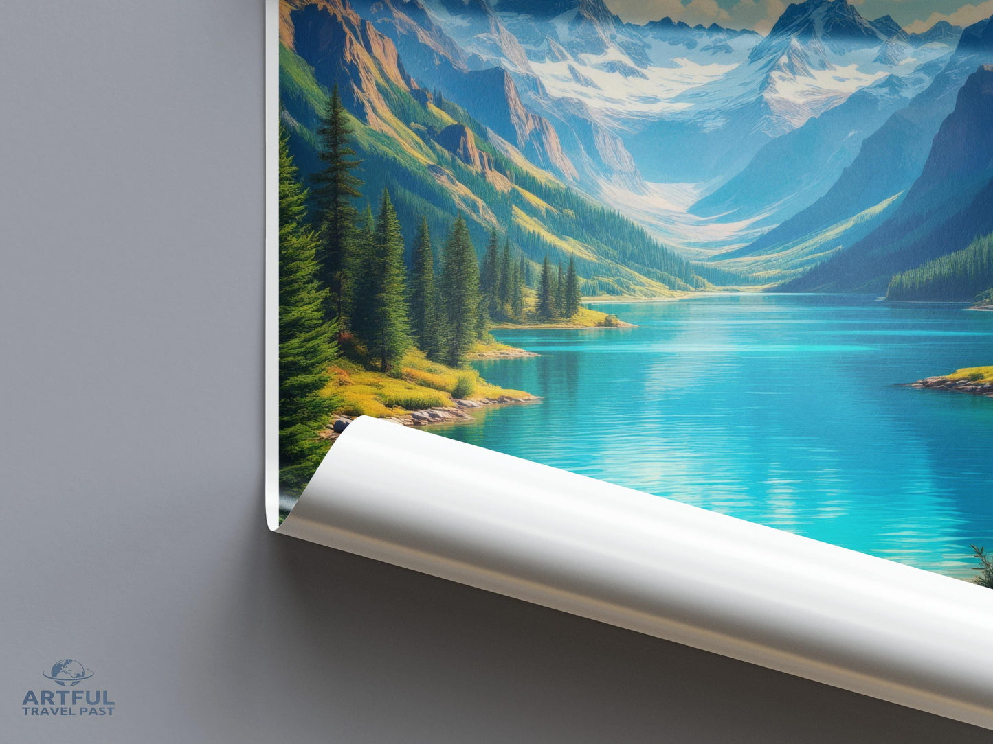 Mountain lake artwork, nature landscape print, scenic wall decor, idyllic mountain view, serene lake scene poster, home decor