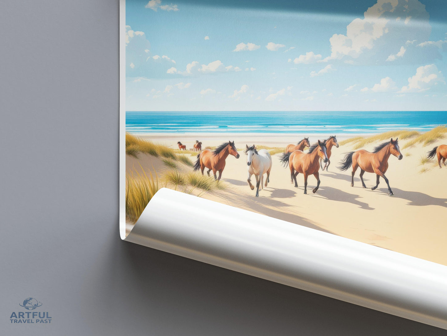 Wild Horses Beach Print, Coastal Wall Art, Ocean Landscape Decor, Nature Inspired Poster, Seashore Scene, Horse Artwork
