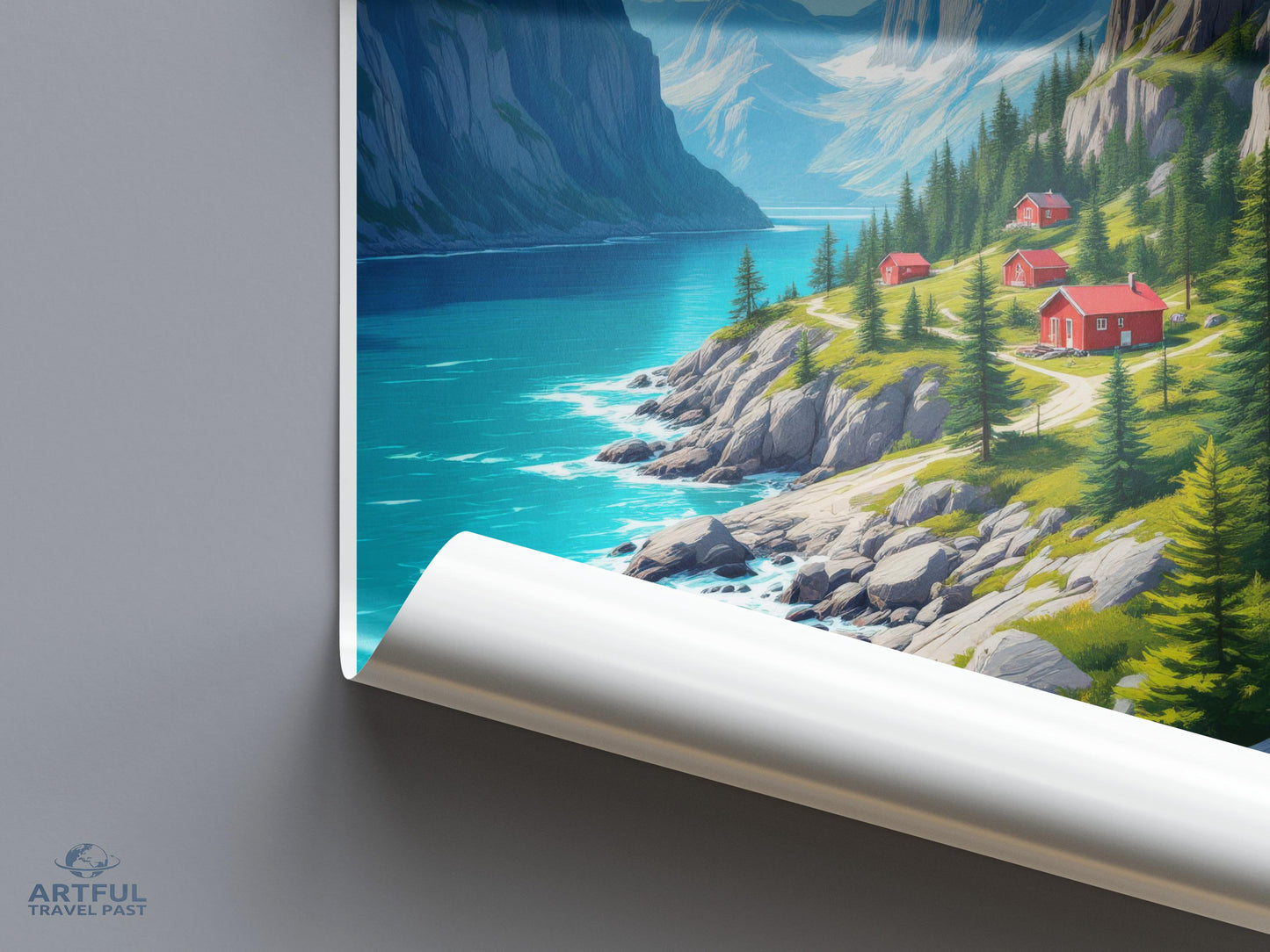 Scenic Mountain Lake Poster, Red Cabin Landscape Print, Nature Wall Art, Travel Themed Decor, Vibrant Watercolor Artwork for Home