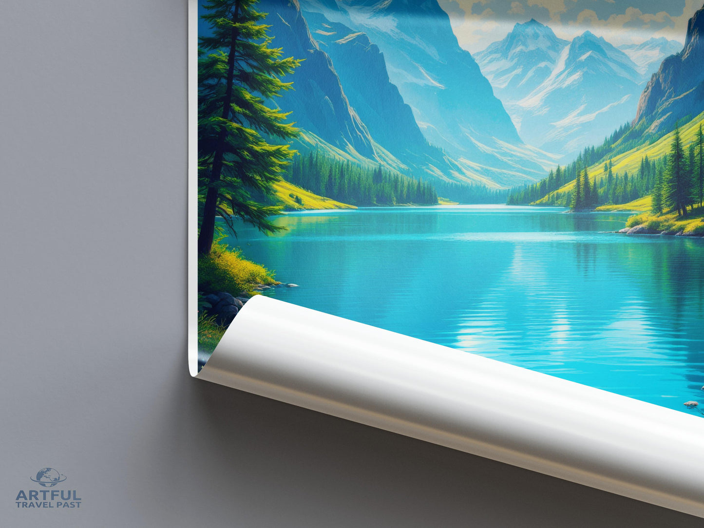 Stunning Landscape Poster, Scenic Mountain Lake Print, Nature Wall Art, Blue Green Decor, Vibrant Forest Picture, Calm Water Illustration