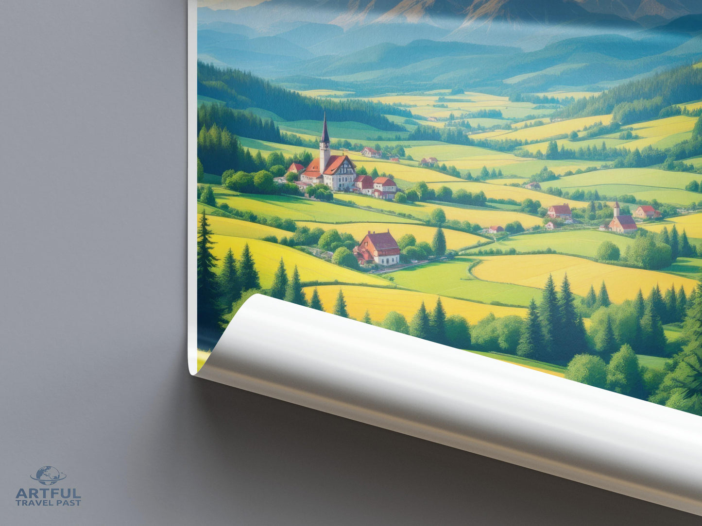 Swiss Countryside Poster, Scenic Landscape Wall Art, Mountain Valley Print, Home Décor, Hillside Village Artwork, Travel Inspired Decor