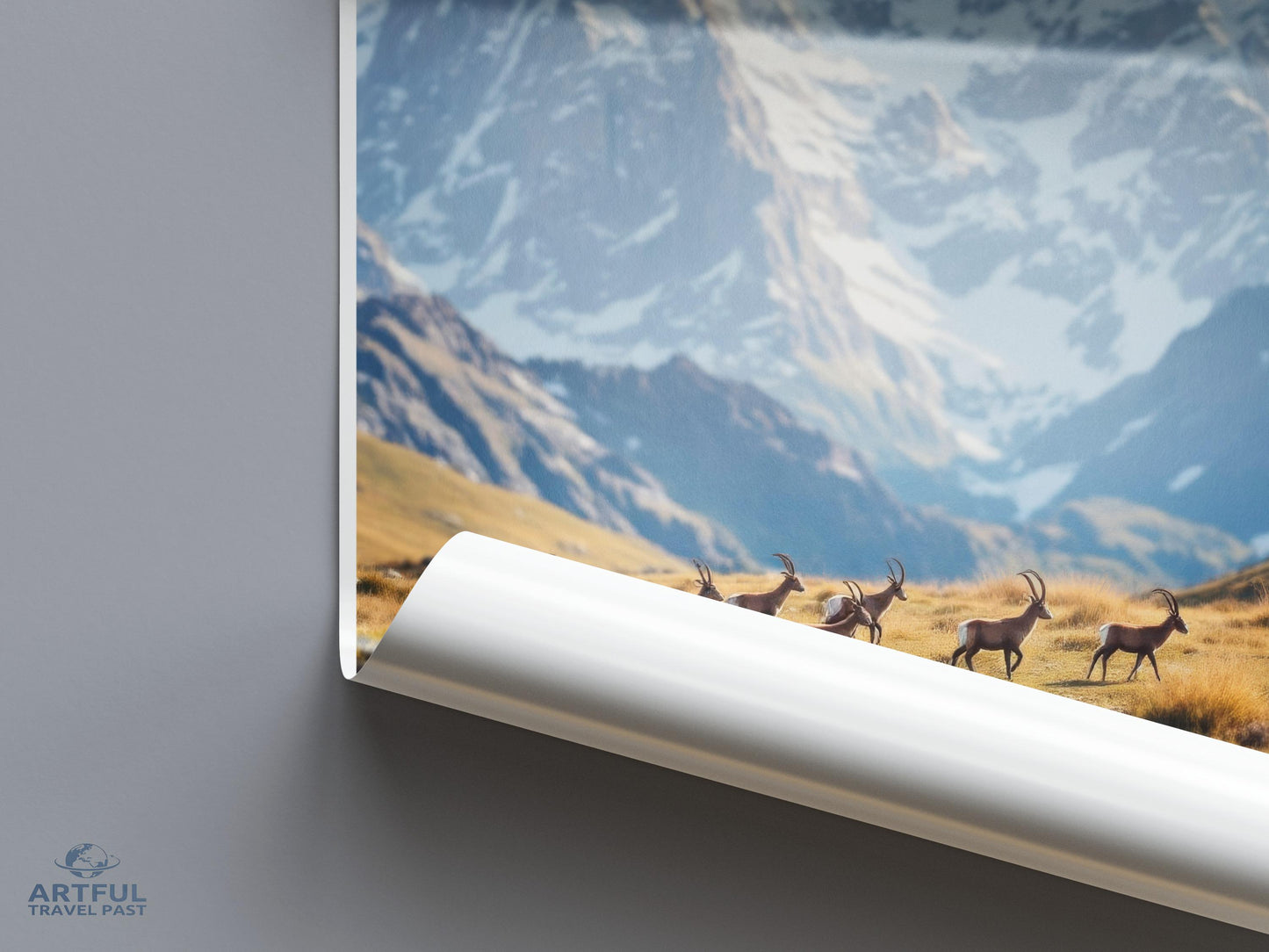 Mountain wildlife art print, Alpine scenery poster, Nature wall decor, Scenic landscape photography, Rustic living room artwork