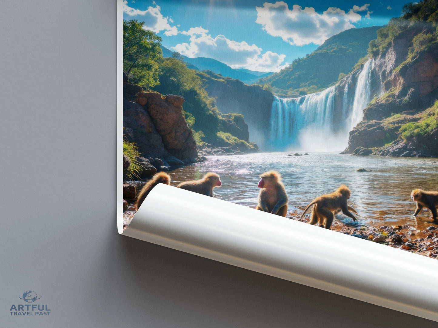 Stunning Waterfall with Monkeys Print, Nature Landscape Wall Art, Scenic Wildlife Poster, Beautiful Travel Photography Decor