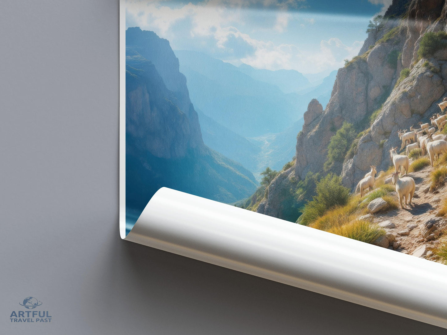 Mountain valley goats wall art print, nature landscape poster for home decor, beautiful scenic view photography, hiking adventure