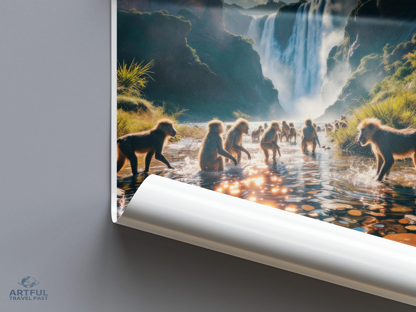 Waterfall Landscape with Monkeys Art Print, Vibrant Nature Scenery Poster, Jungle Wildlife Wall Decor, Dreamlike Forest Scene