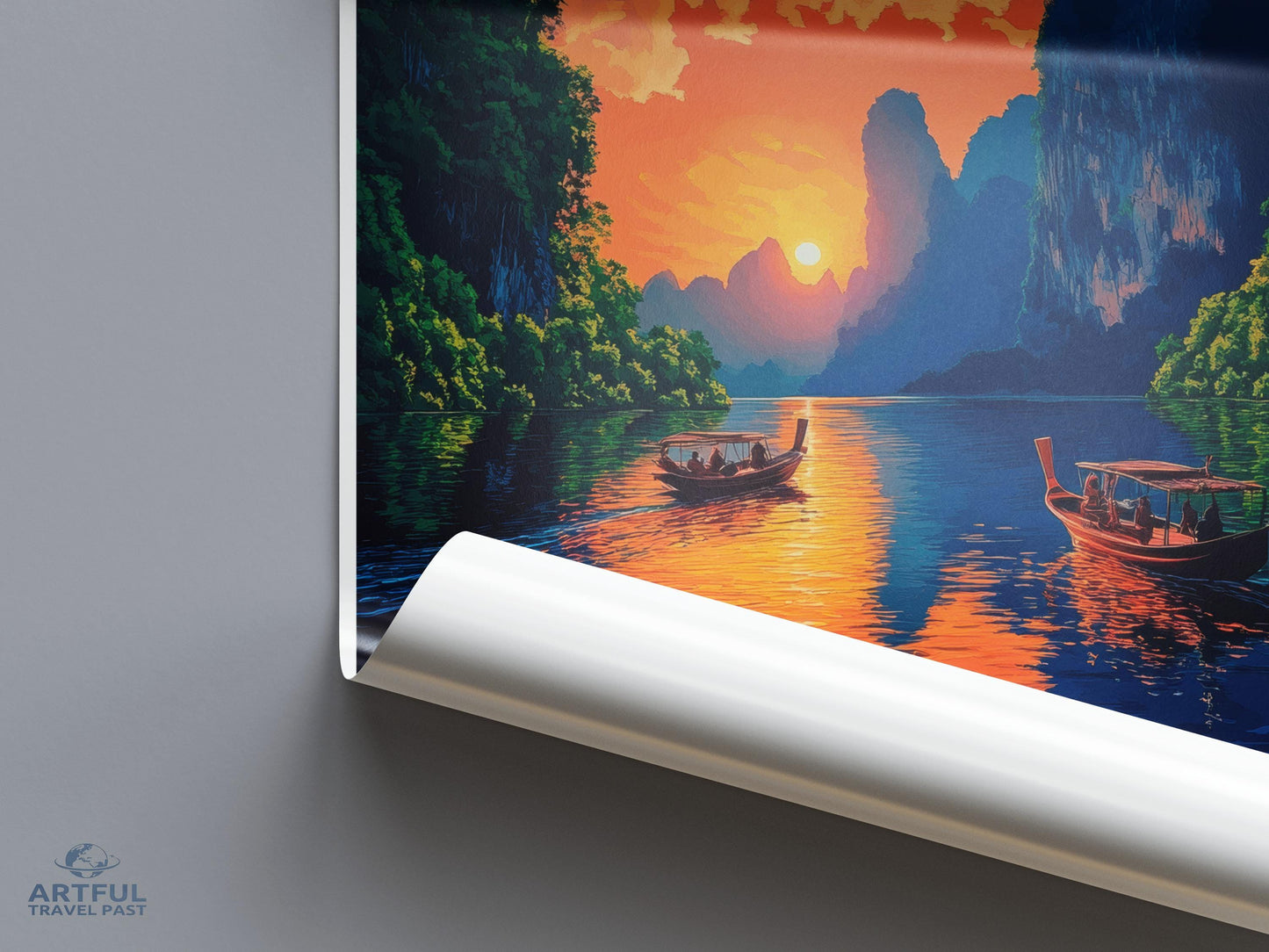 Sunset Boat Scene Poster, Nature Landscape Wall Art, Colorful River View Print, Serene Sunset Decor, Boats on Water Canvas