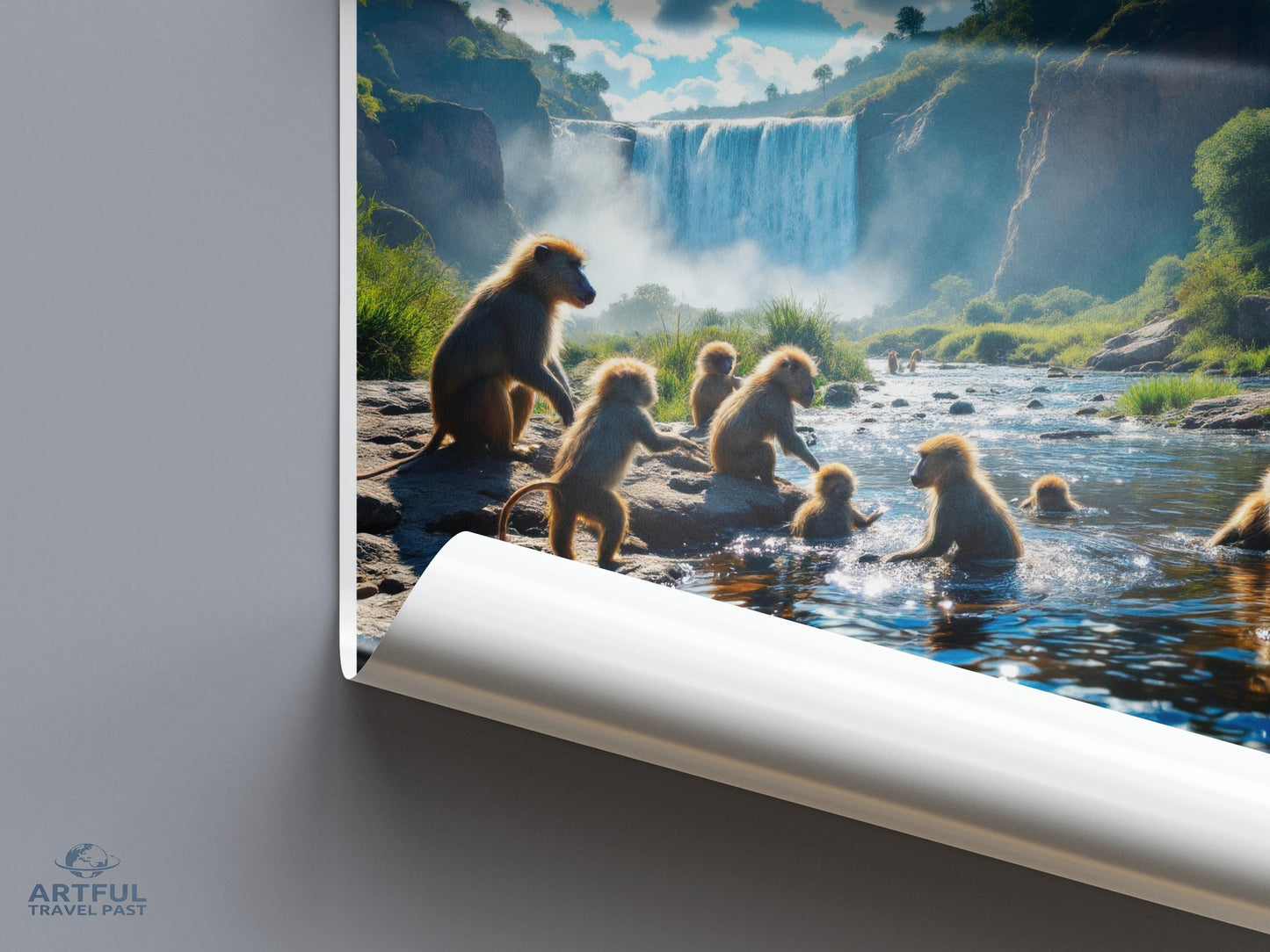 Scenic waterfall and monkeys print, Nature wall art, Wildlife photography poster, Adventure home decor, Travel-themed artwork