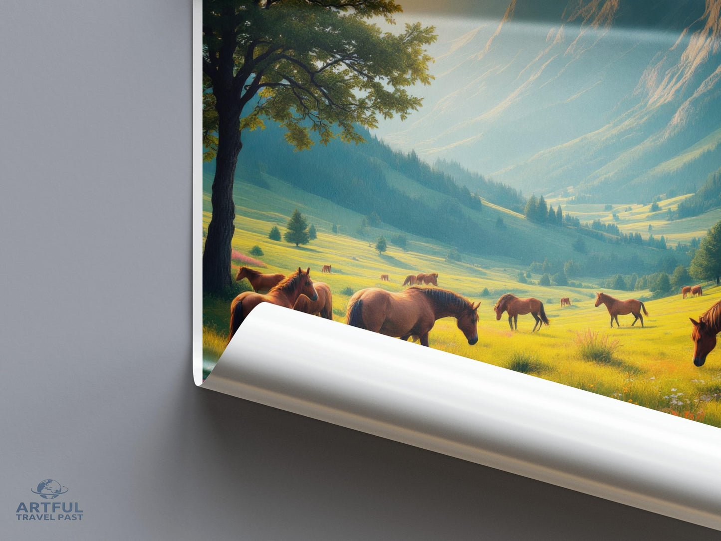 Scenic Landscape Poster, Horse Meadow Art Print, Nature Wall Decor, Rolling Hills Artwork, Serene Countryside Image