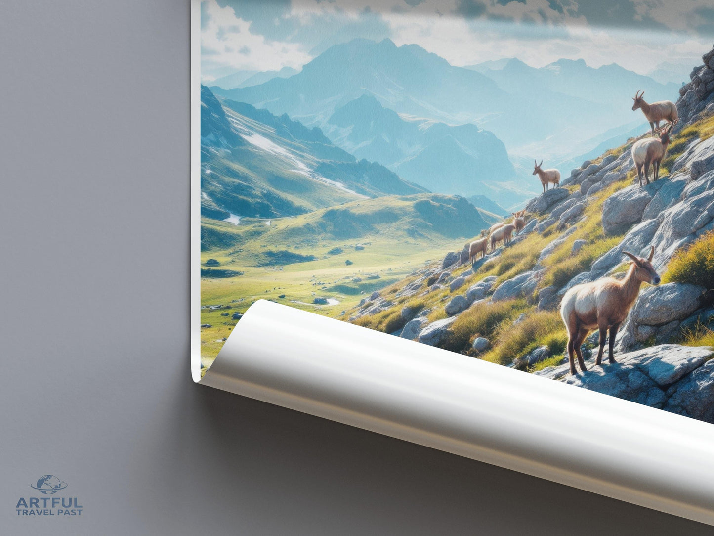 Mountain Goat Landscape Poster, Nature Wall Art Print, Scenic Mountain View Home Decor, Alpine Wildlife Artwork, Travel Photography