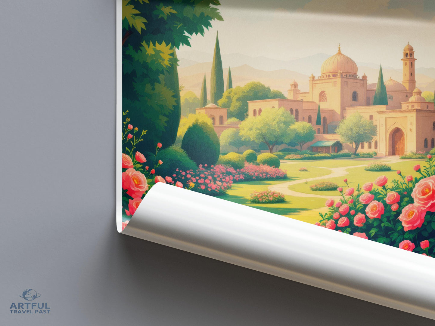 Colorful landscape wall art with domed building and lush garden, scenic poster for home decor, vibrant travel-inspired artwork