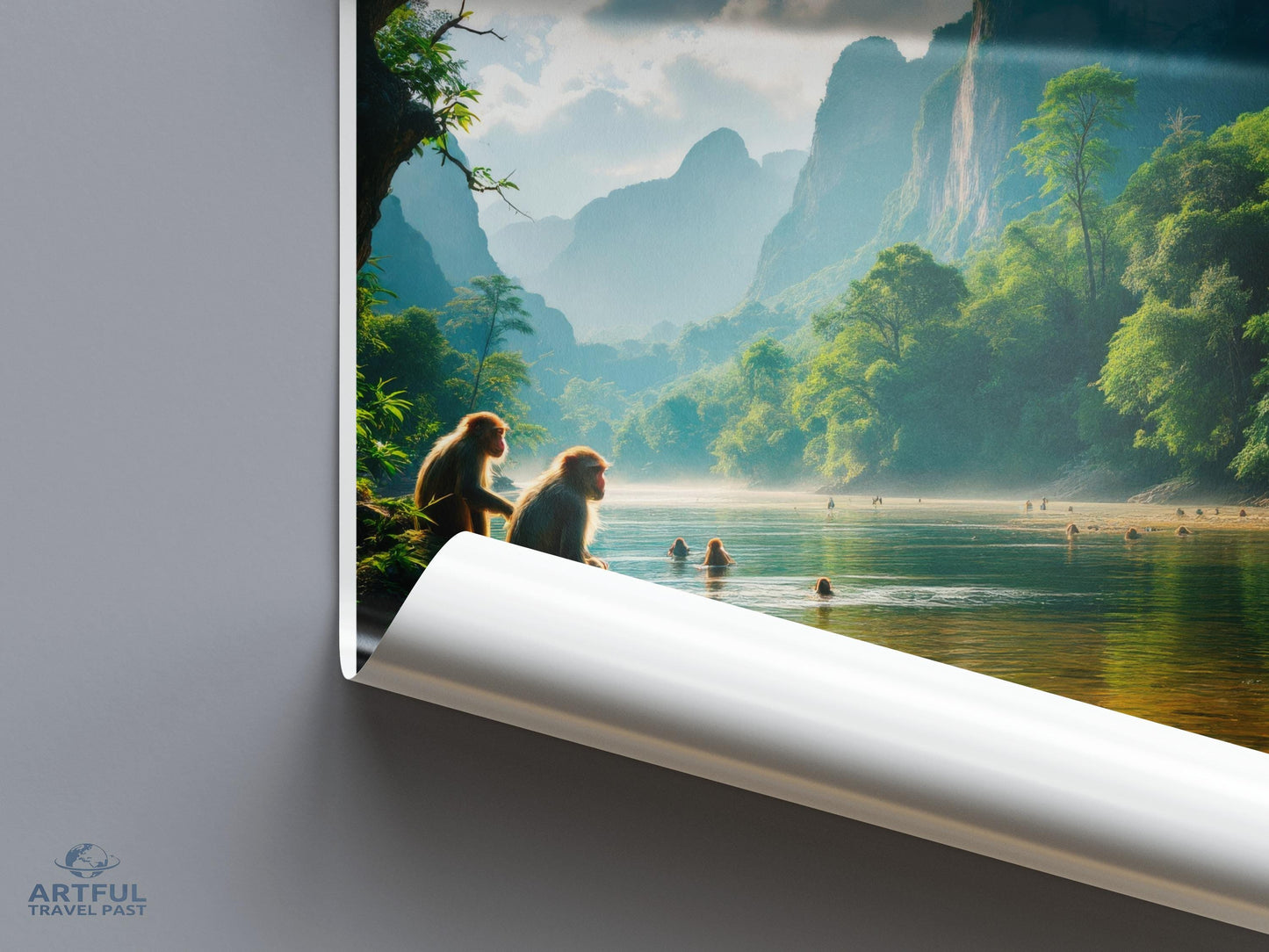 Scenic Nature Landscape Poster with Monkeys by River, Tropical Jungle Wall Art, Mountain and Forest Print, Travel Photography Decor