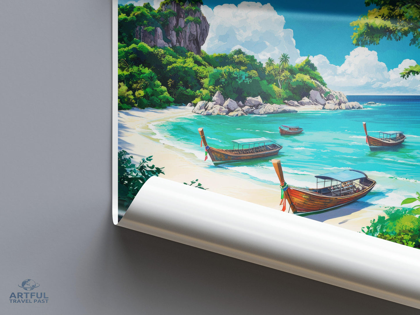 Tropical Beach Poster, Scenic Ocean Print, Coastal Wall Art, Island Landscape Decor, Boat Canvas Artwork, Seaside Painting