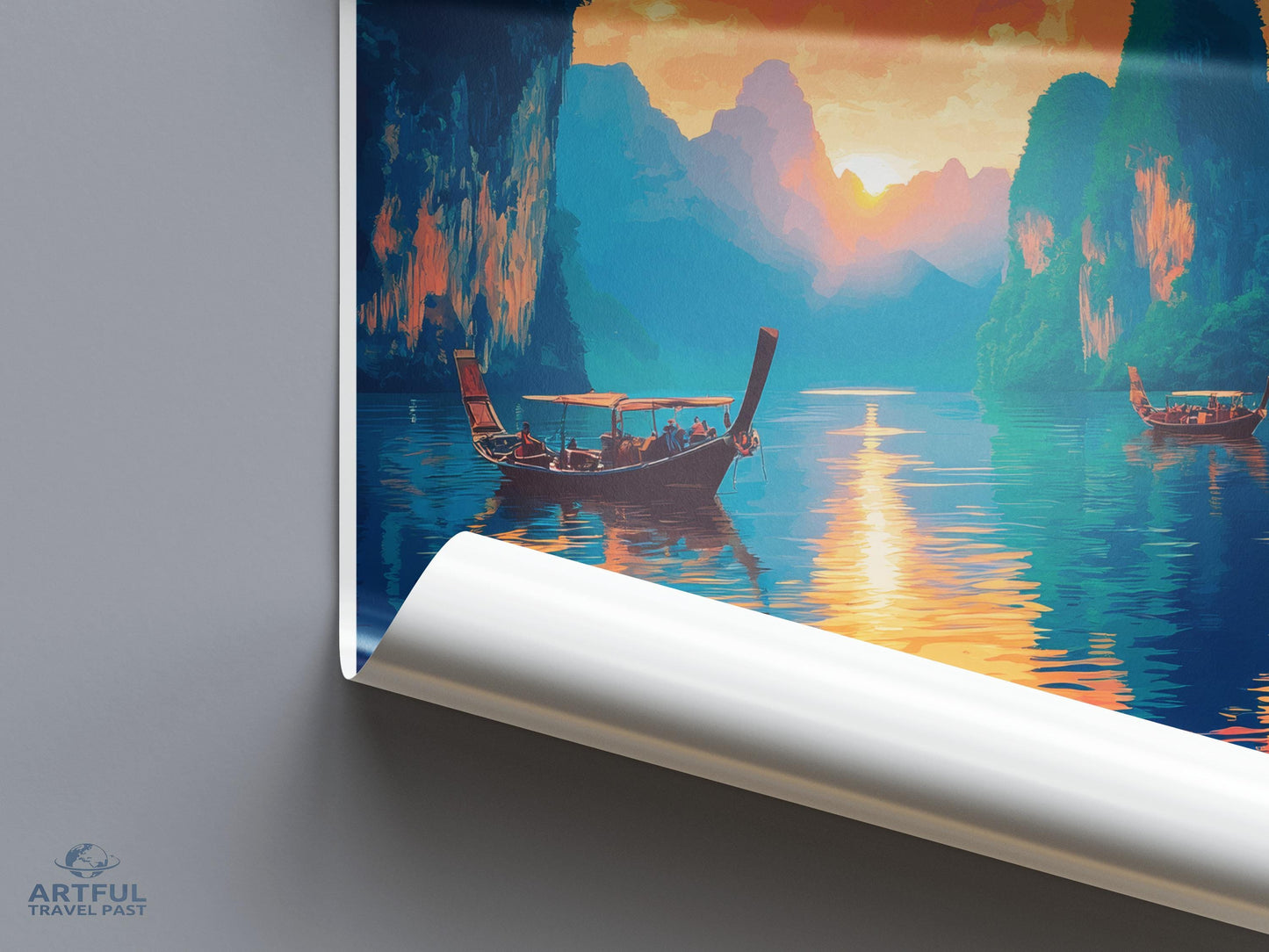 Scenic Sunset Boat Print, Nature Wall Art, Travel Poster, Tranquil Landscape Painting, Water Reflection Art, Serene Room Decor