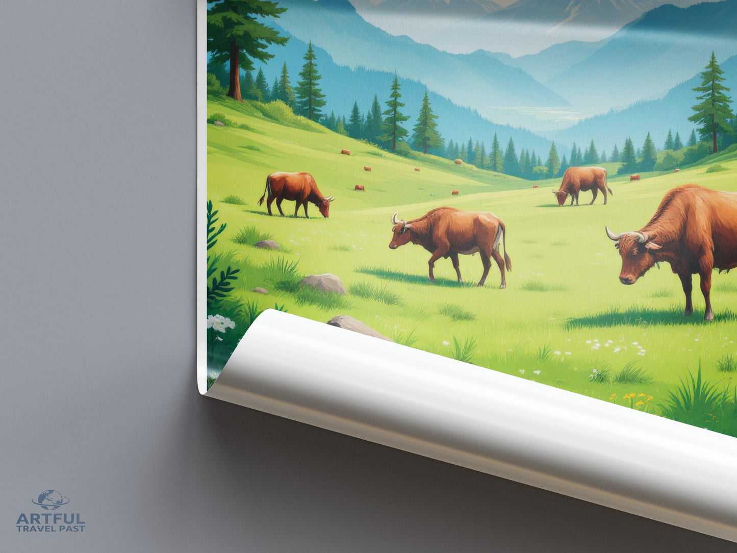 Scenic Mountain Landscape Poster, Rustic Farm Wall Art, Cattle Grazing Print, Nature Lover Gift, Home Decor, Living Room Art
