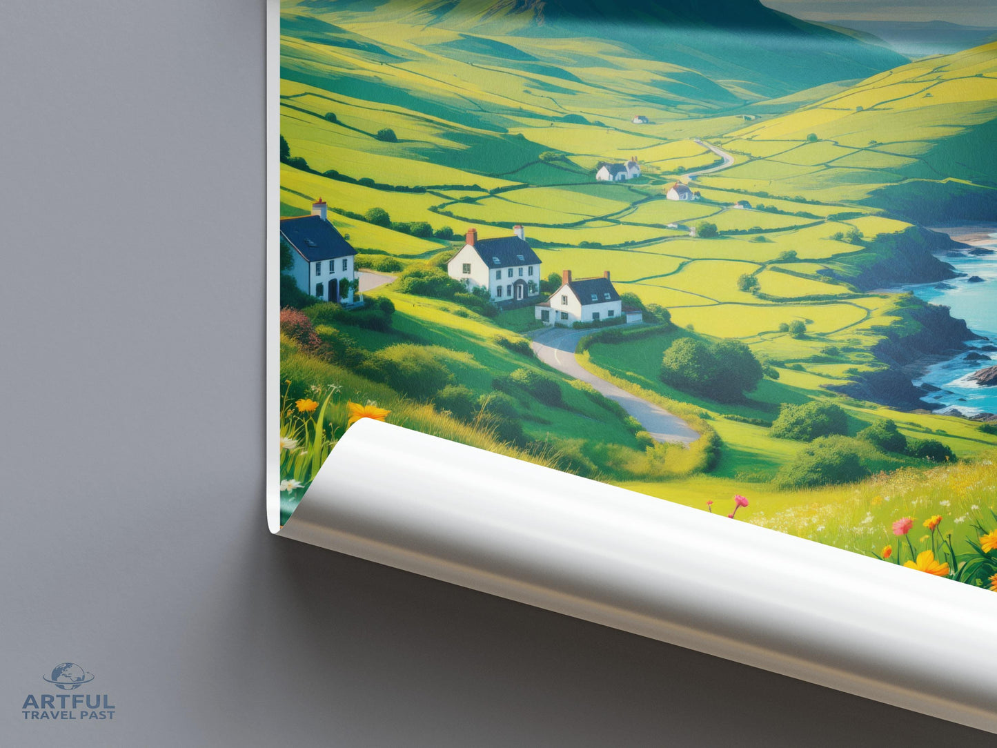 Scenic countryside poster, landscape wall art, vibrant green hills print, coastal panoramic view, nature travel decor