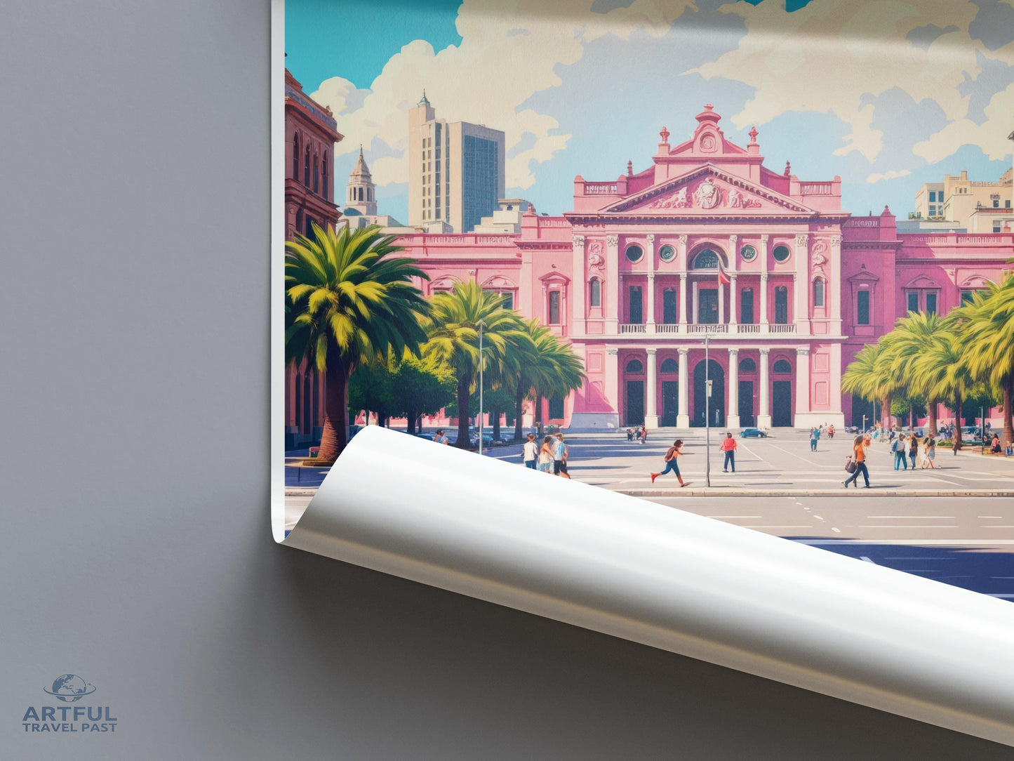 Pink Historic Building Art Print, Cityscape Wall Decor, Urban Landscape Poster, Architecture Artwork, Vibrant Colorful Home Decor