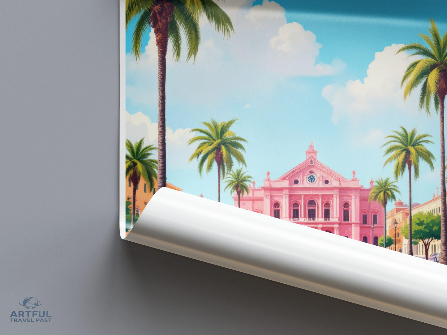 Tropical Landscape Poster, Vibrant Beach Scene Wall Art, Palm Trees and Architecture Print, Colorful Nature Decor, Travel Art Poster