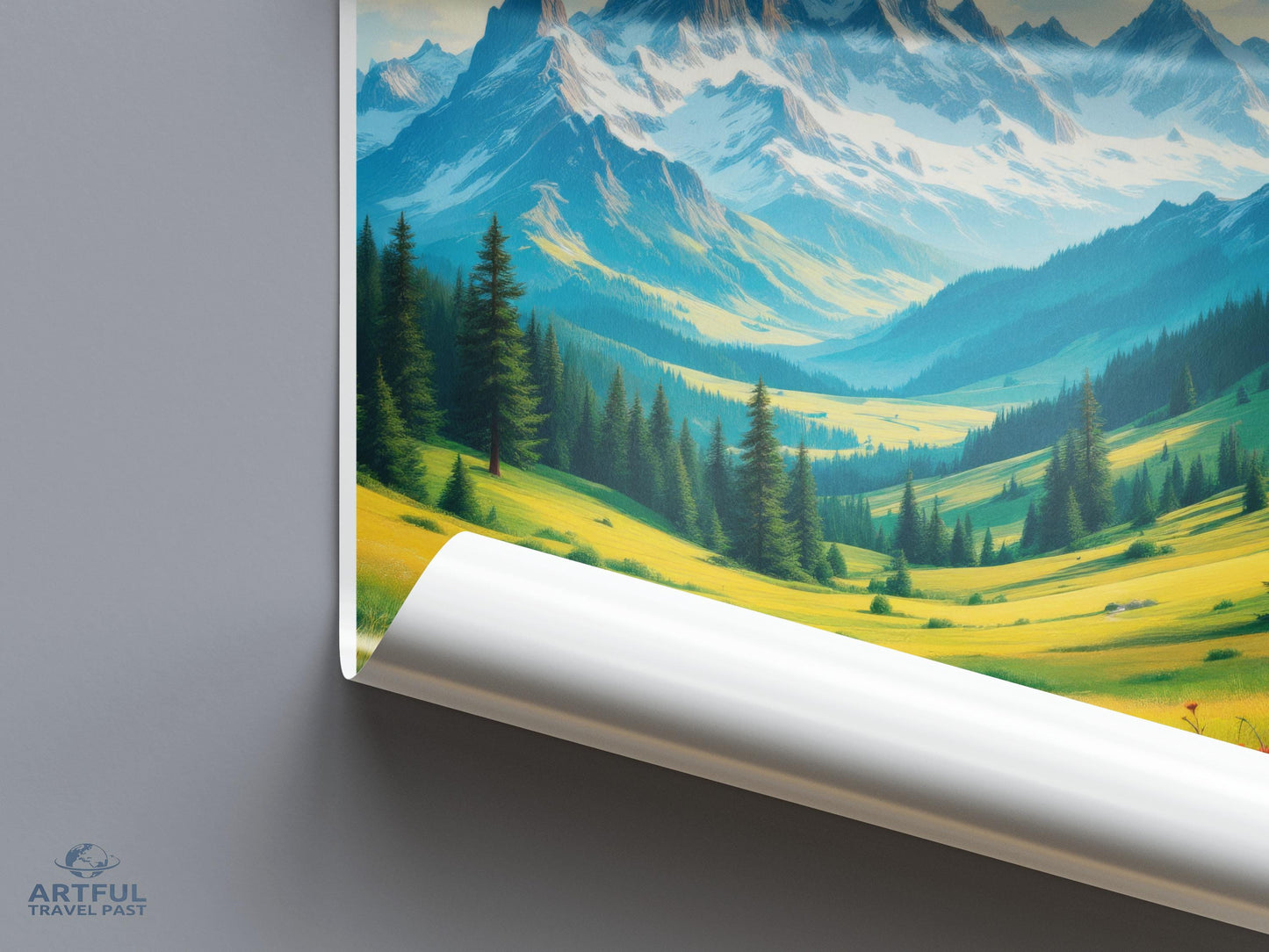 Mountain landscape wall art, nature scenery print, mountain view poster, green valley decor, alpine meadow artwork, home decor