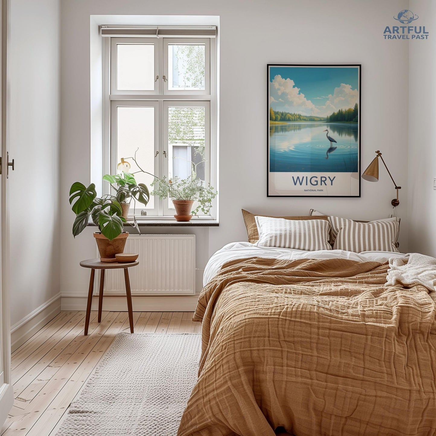 Minimalist bedroom decor, Nature wall art poster, Cozy bedroom setup, Plant decor ideas, Bedding inspiration, Scandinavian interior design