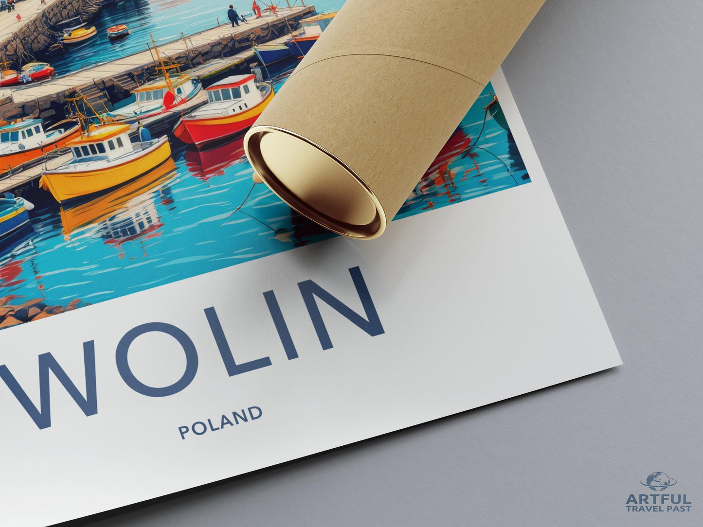 Wolin Poland Travel Poster, Coastal Town Illustration, Colorful Harbour Art, Scenic Maritime Decor, Vibrant Boat Scene Print