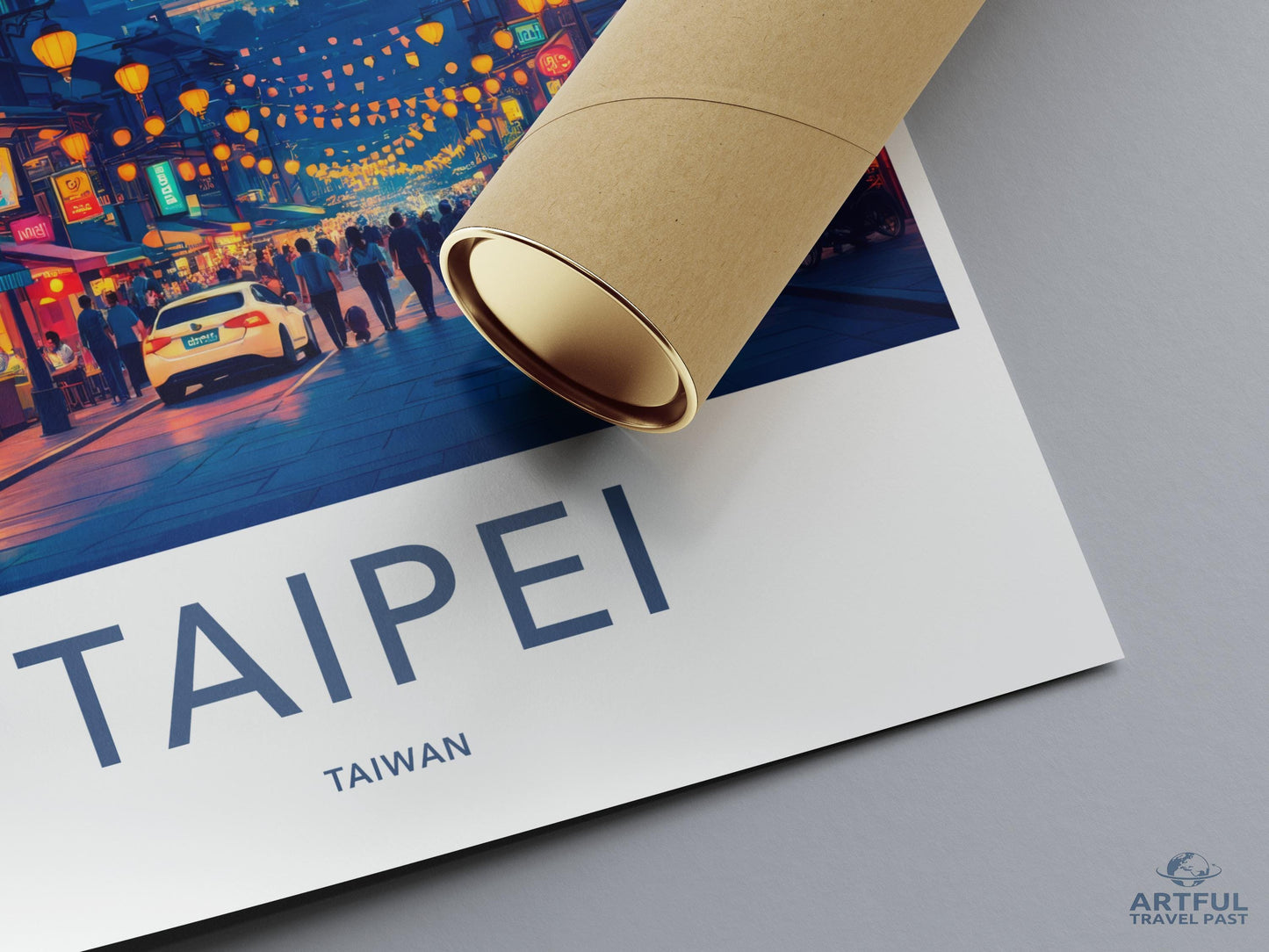 Taipei cityscape travel poster, vintage Taiwan wall art, retro city night scene print, Asian urban decor, artful travel past