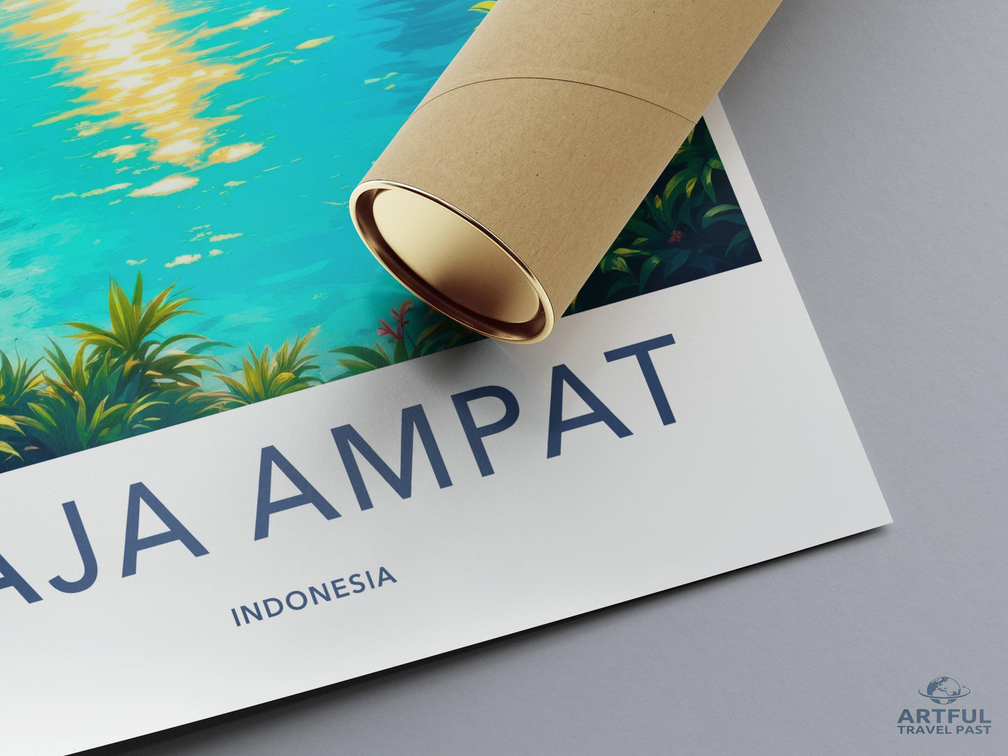 Raja Ampat travel poster, Indonesia wall art, tropical beach print, island paradise decor, coastal landscape illustration, nature lovers