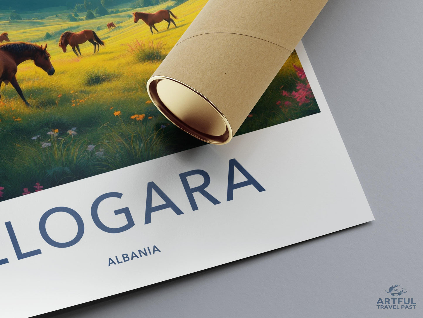 Horses meadow travel poster, vintage Albania decor, nature art print, countryside wall decor, gift for travelers, scenic landscape