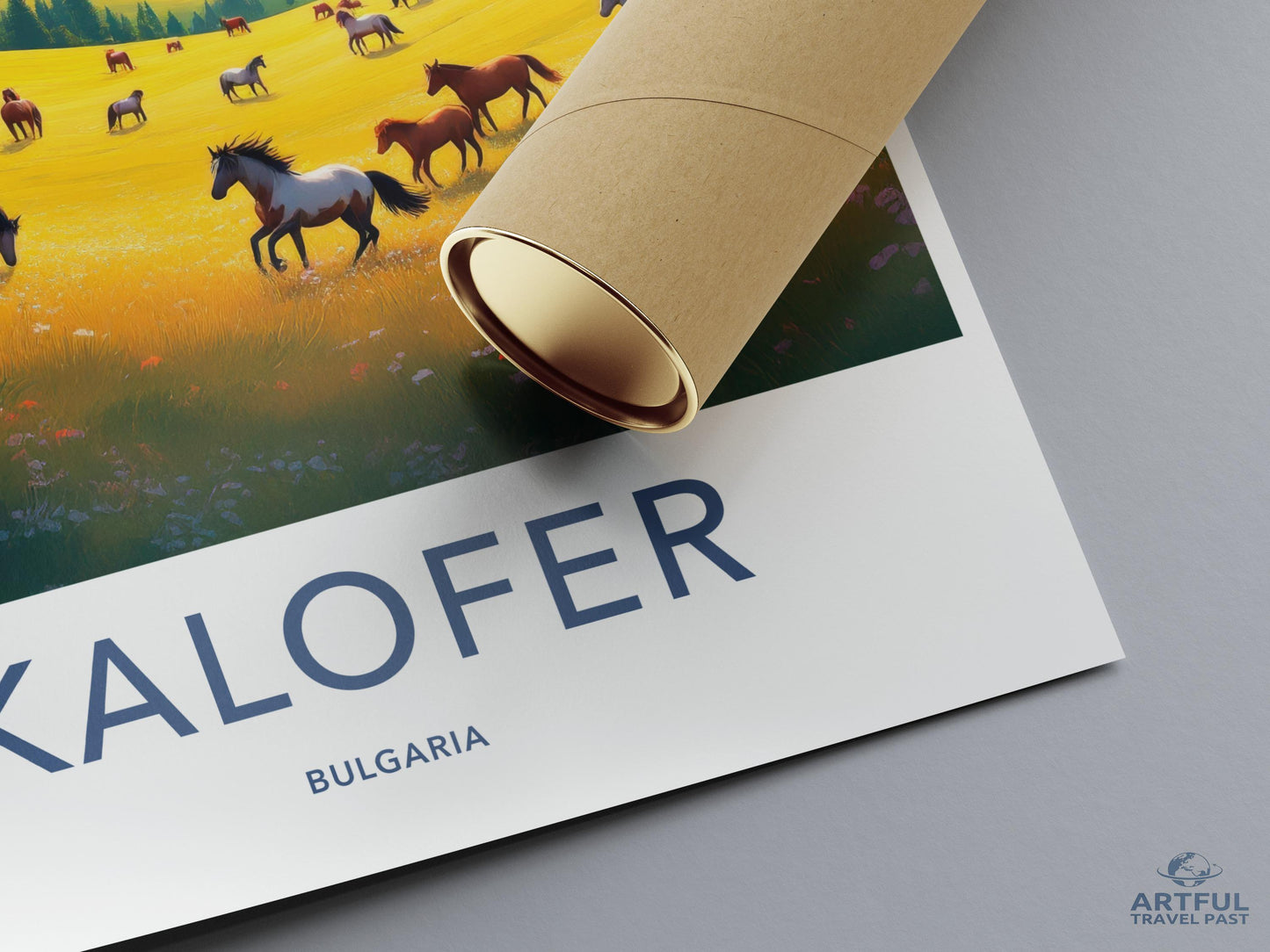 Kalofer Bulgaria travel poster, vintage wall art, scenic landscape print, horse field decor, European countryside illustration