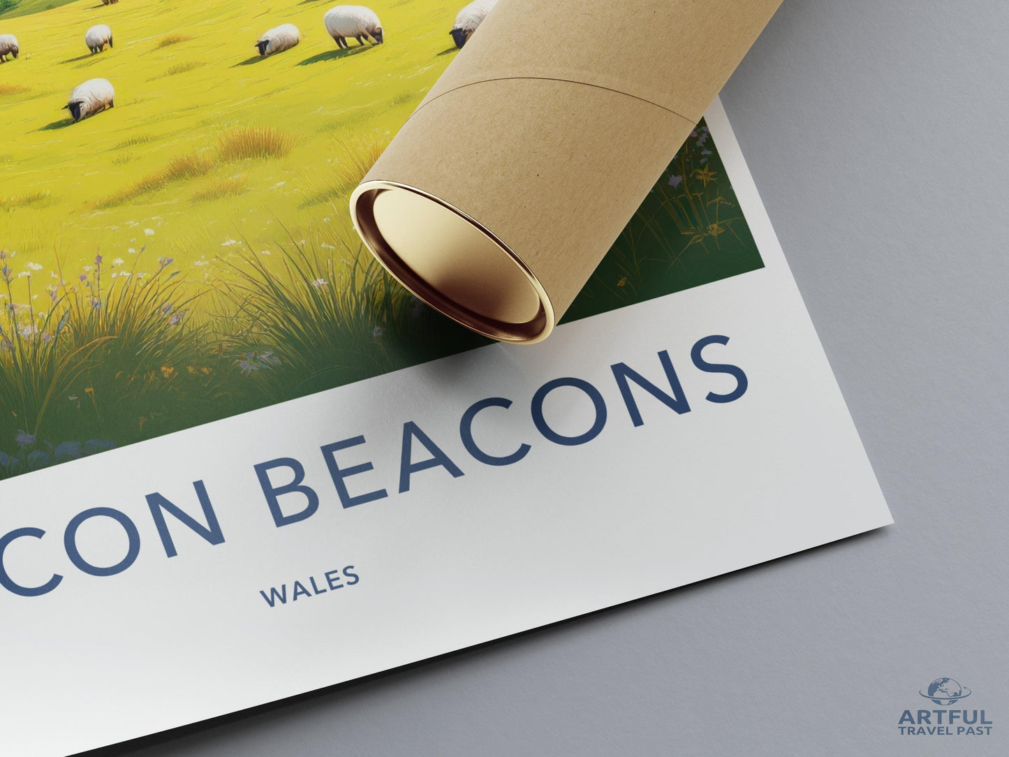 Vintage Brecon Beacons Travel Poster, Wales Wall Art, Retro Landscape Print, Scenic Artwork, Sheep Pasture Illustration Decor