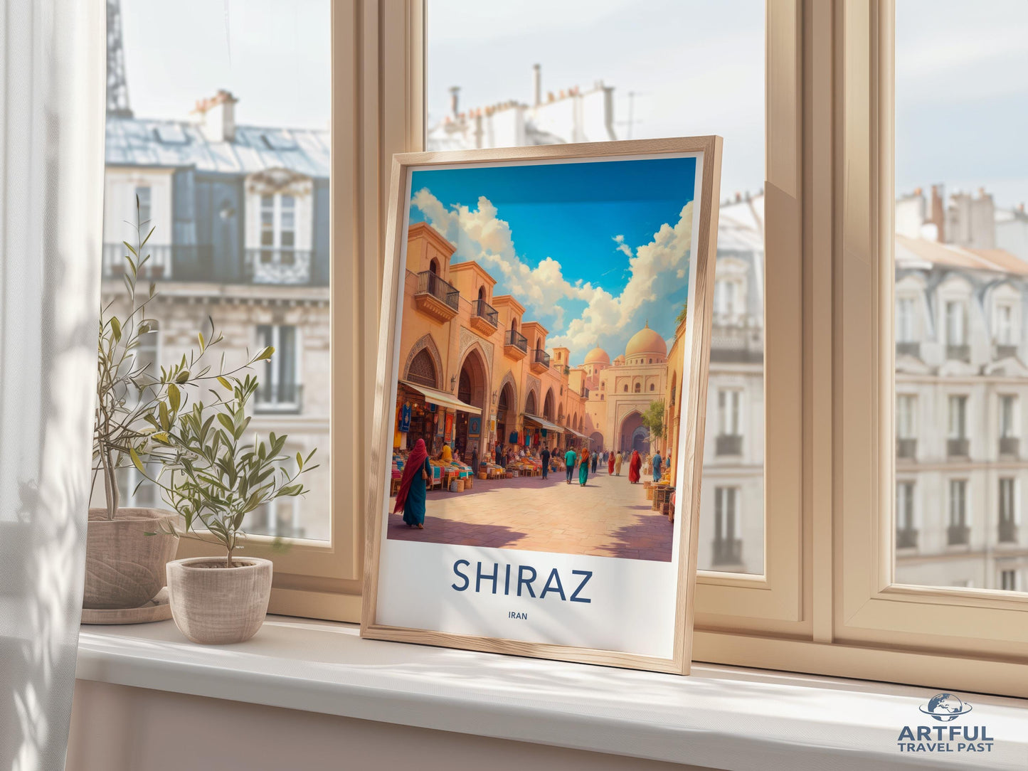 Wall art Shiraz cityscape print, Shiraz travel poster, Iran street market artwork, City scene decor, Colorful urban art