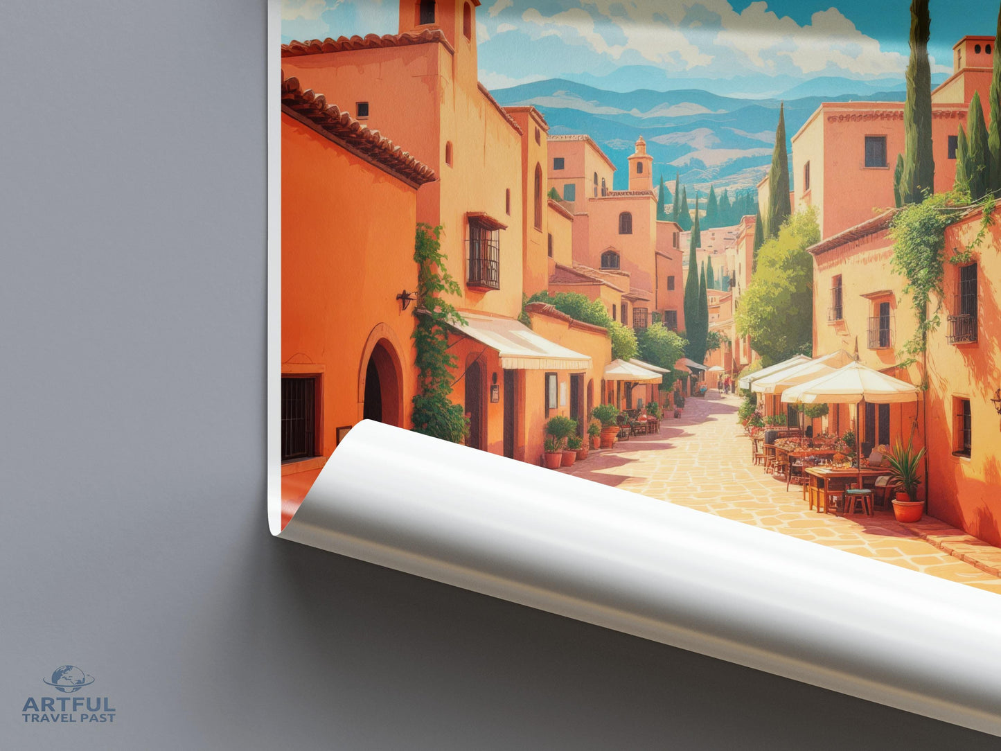 Mediterranean village street art print, European cityscape wall decor, colorful travel poster, scenic town illustration