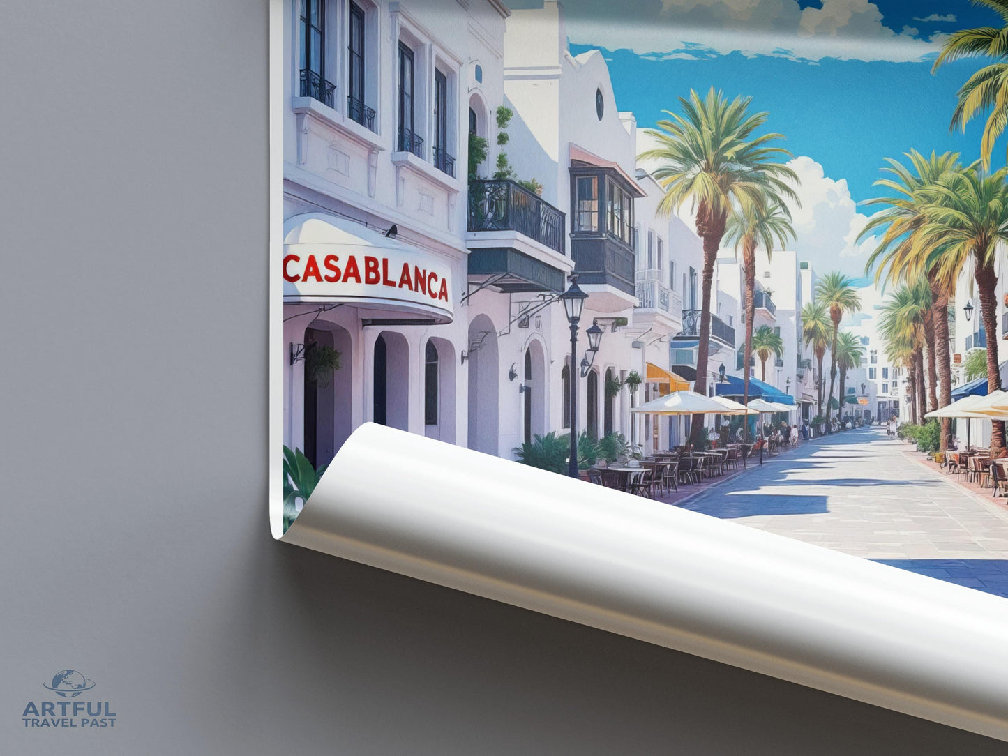 Casablanca Street Art Print, Architectural Wall Decor, Palm Tree Boulevard, Travel Poster, Urban Art Print, White Buildings