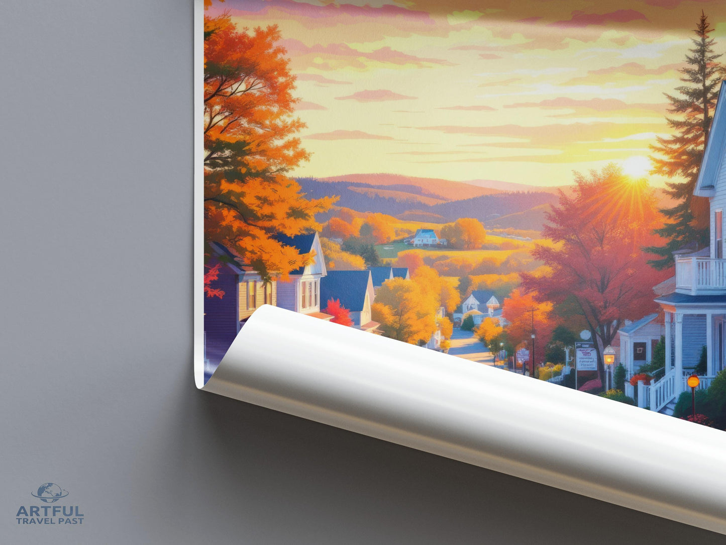 Scenic Autumn Sunrise Poster, Fall Foliage Wall Art, Cozy Village Landscape, Seasonal Home Decor, Serene Nature Print, Bright Sunrise